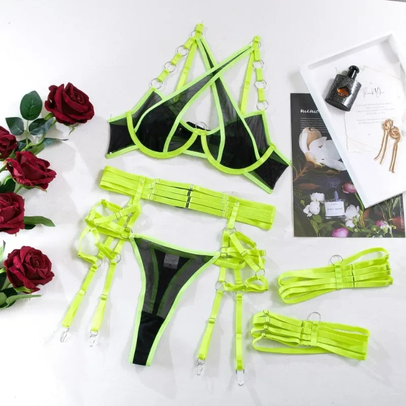 Toucheart Sexy Floral Embroidery Underwear Steel Ring Bra Lace Mesh Sexy Webbing Hollow Waistband Hanging Erotic Lingerie Suit