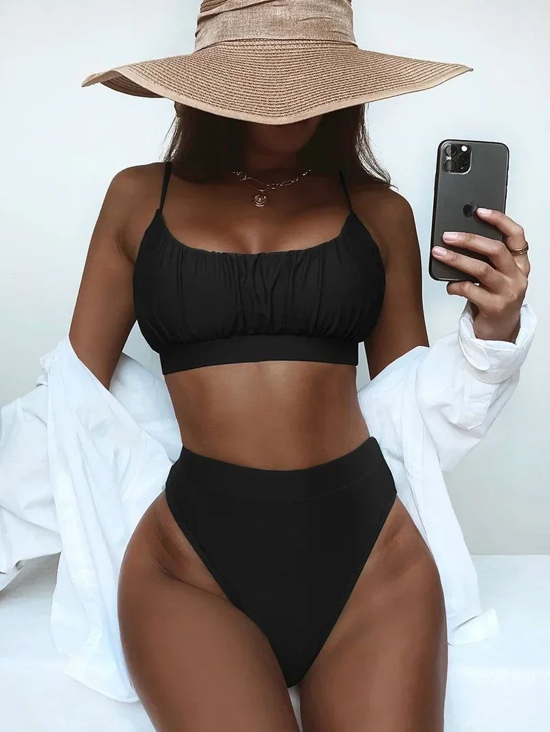 2026 Wrinkled Ruched High Waist Bikini Women Swimsuit Female Swimwear Two Pieces Bikini Set High Cut Bathing Suit Swim Beachwear