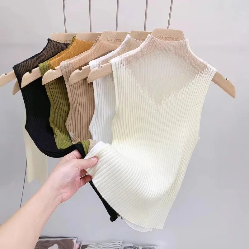 Mesh Knitted Top Women Y2K Tank Top Half Neck Vest Female Sleeveless Sweater Chic Cut Out Streetwear Solid Skinny Tube Top