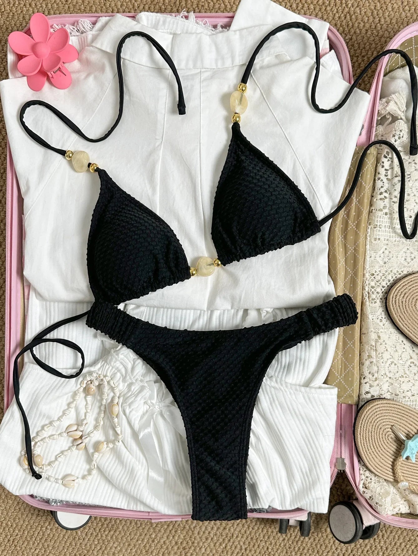 Wrinkled Crinkled Halter Beads Bikini Female Swimsuit Women Swimwear Two-pieces Bikini Set Brazilian Bather Bathing Suit Swim