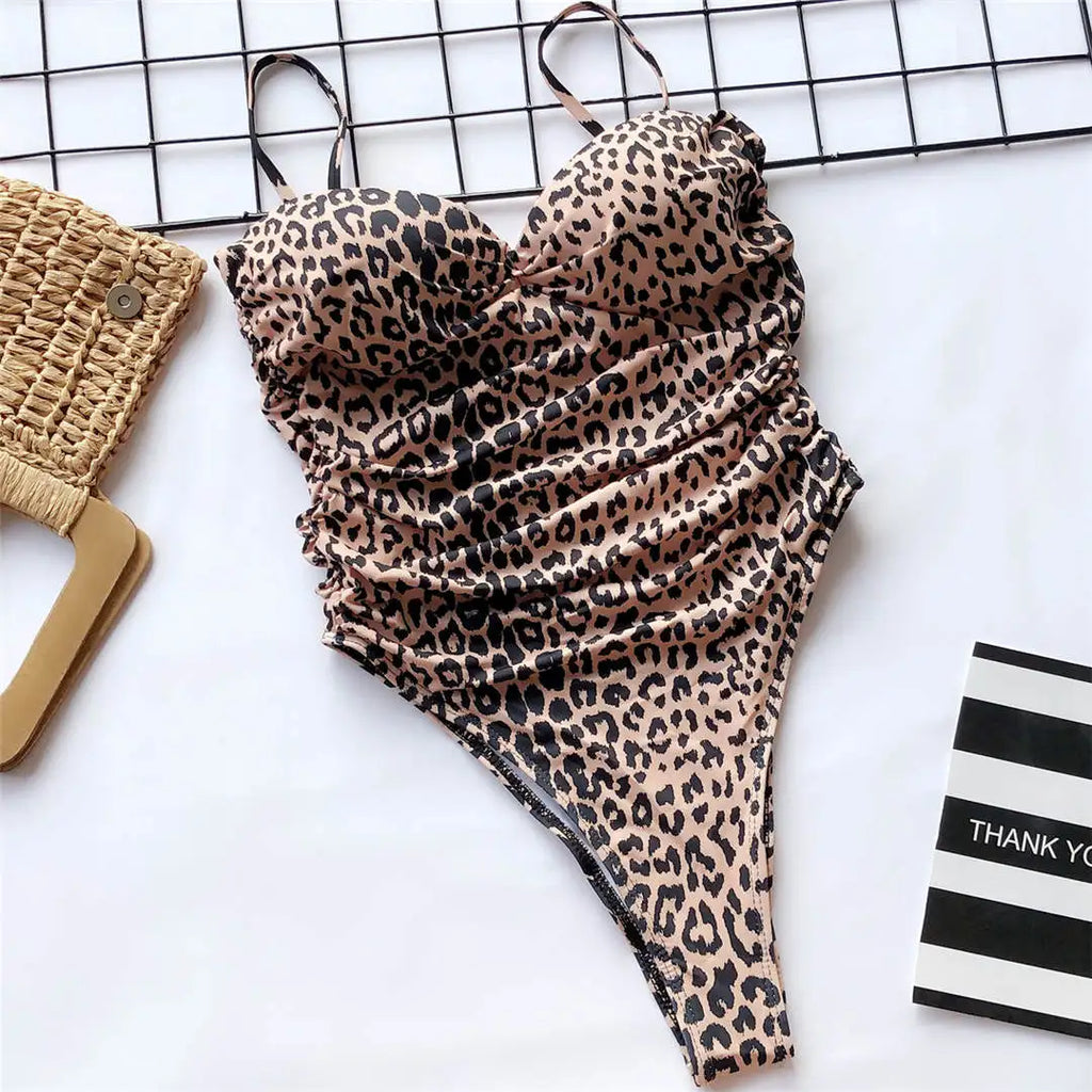New Sexy High Cut Leopard Push Up Bra Cup One Piece Swimsuit Female Swimwear Women Bather Bandeau Bathing Suit Swim Lady V1654