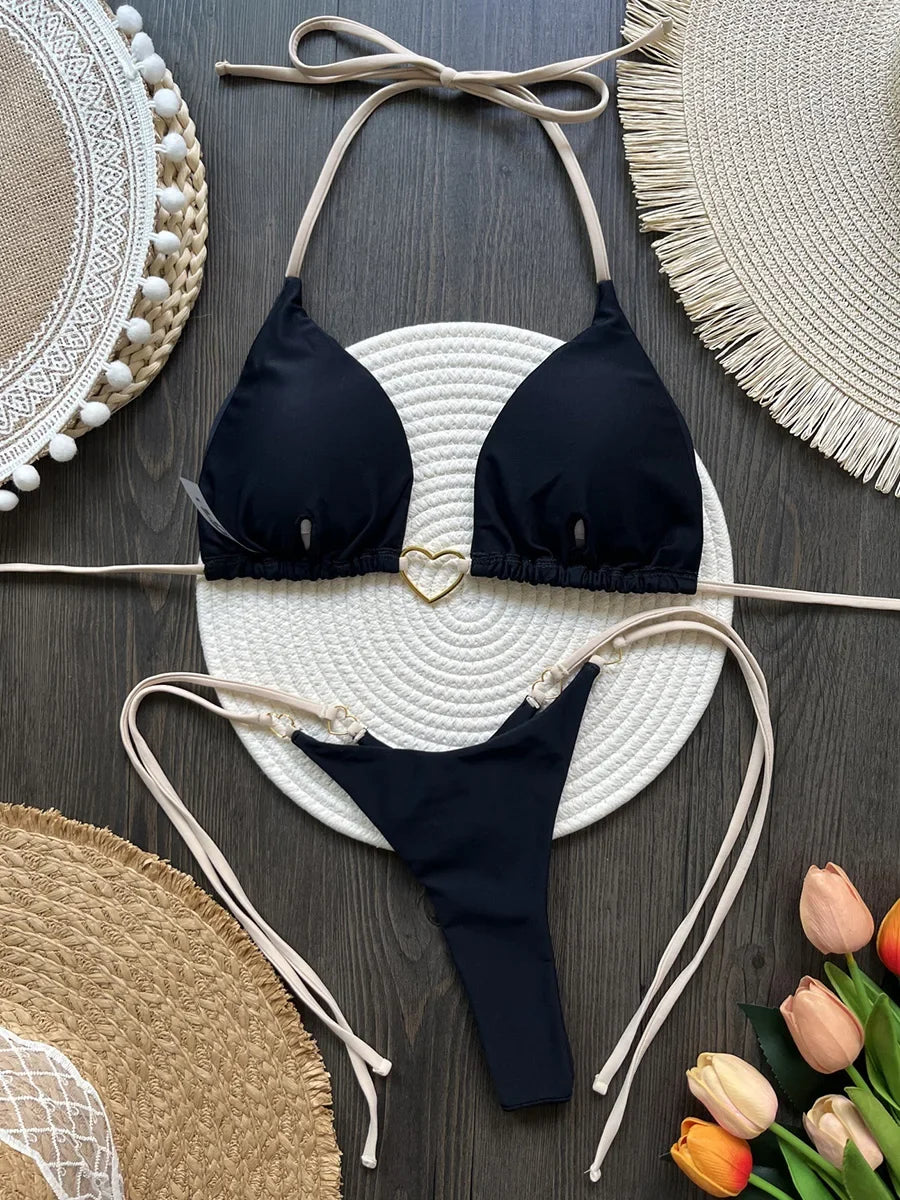 Metal Heart-shaped Halter Brazilian Bikini Female Swimsuit Women Thong Swimwear Two-pieces Bikini Set Bather Bathing Suit Swim