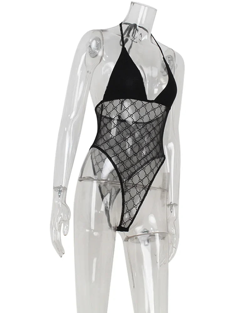 Ahagaga Sexy Club Women's Bodysuits Solid See Through Skinny Camisole Blackless Slim Fit V-Neck Mesh Sleeveless Streetwear Tops