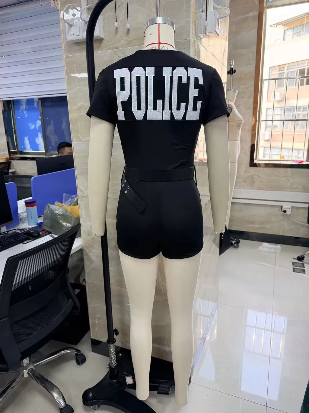 Women's Police Lingerie Set Slim Fit Letter Pattern Half Button Up Short Sleeve Romper and Belt 2 Pcs Set