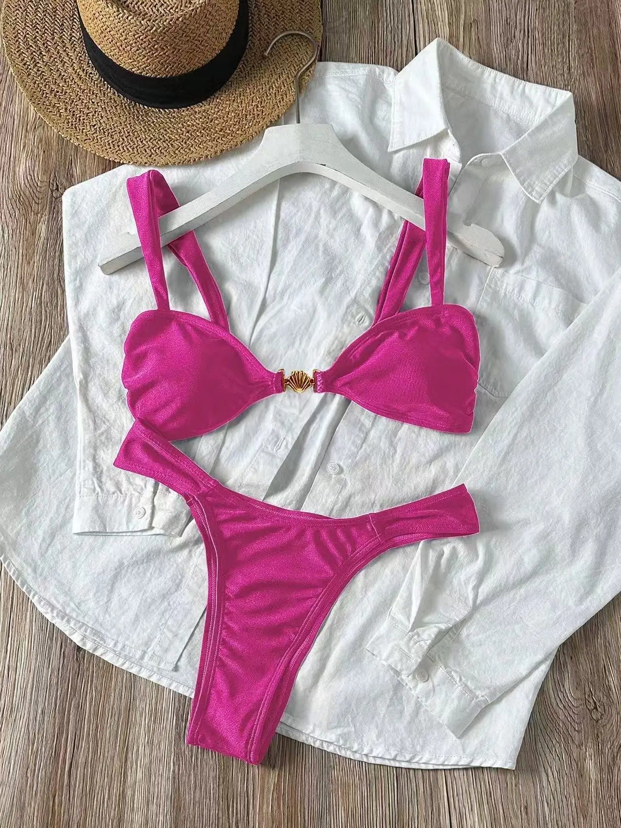 Sexy Metal Shell Ornament Bikini Set 2026 Women Hot Pink Pleate Push Up Bra Thong Swimsuit Summer Bathing Suit Micro Swimwear