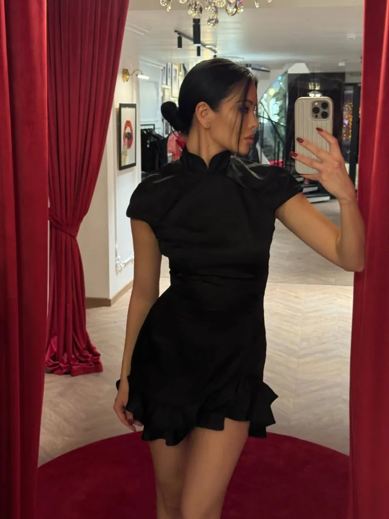 Trendix Women's Elegant Satin Evening Dress Fashion Stand Neck High Waist Slim Mini Dresses Party Sexy Short Sleeve Ruffle Dress