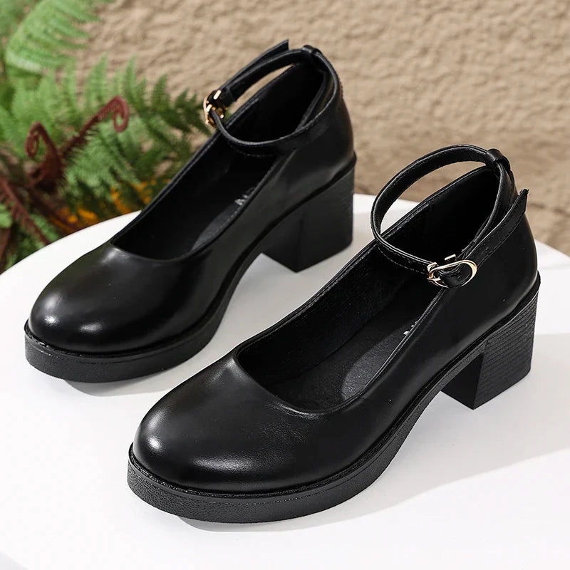 Black Thick Heeled Mary Jane Shoes Women Plus Size 42 Ankle Buckle Platform Pumps Woman Office Pu Leather High Heels Shoes Mujer