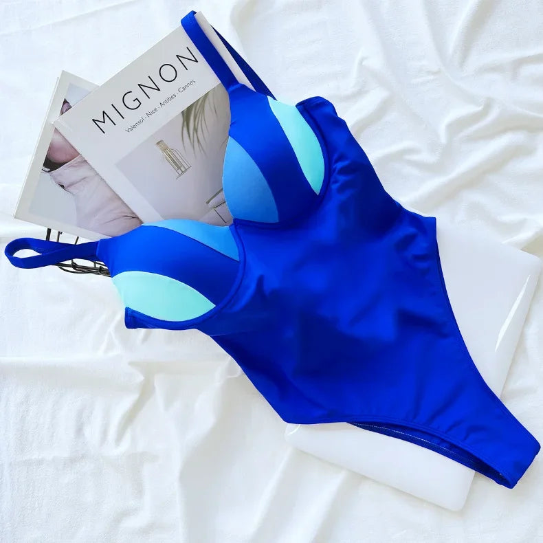 2026 Sexy One Piece Swimsuit Swimwear Women Push Up Blue Patchwork One-piece Bathing Suit Beachwear New Costumi Da Bagno Donna