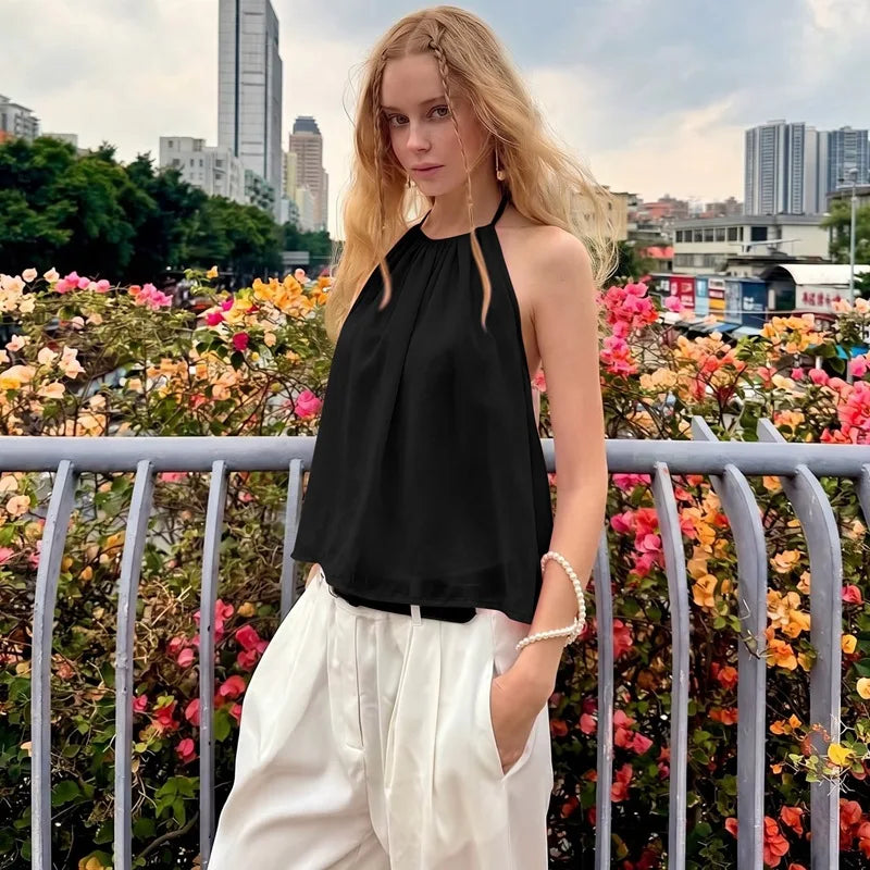 FDYOUI Women's Halter Off Shoulder Camisoles 2026 Summer Sexy Lace-up Backless Pink Tank Top Girls Loose Solid Tops Streetwear