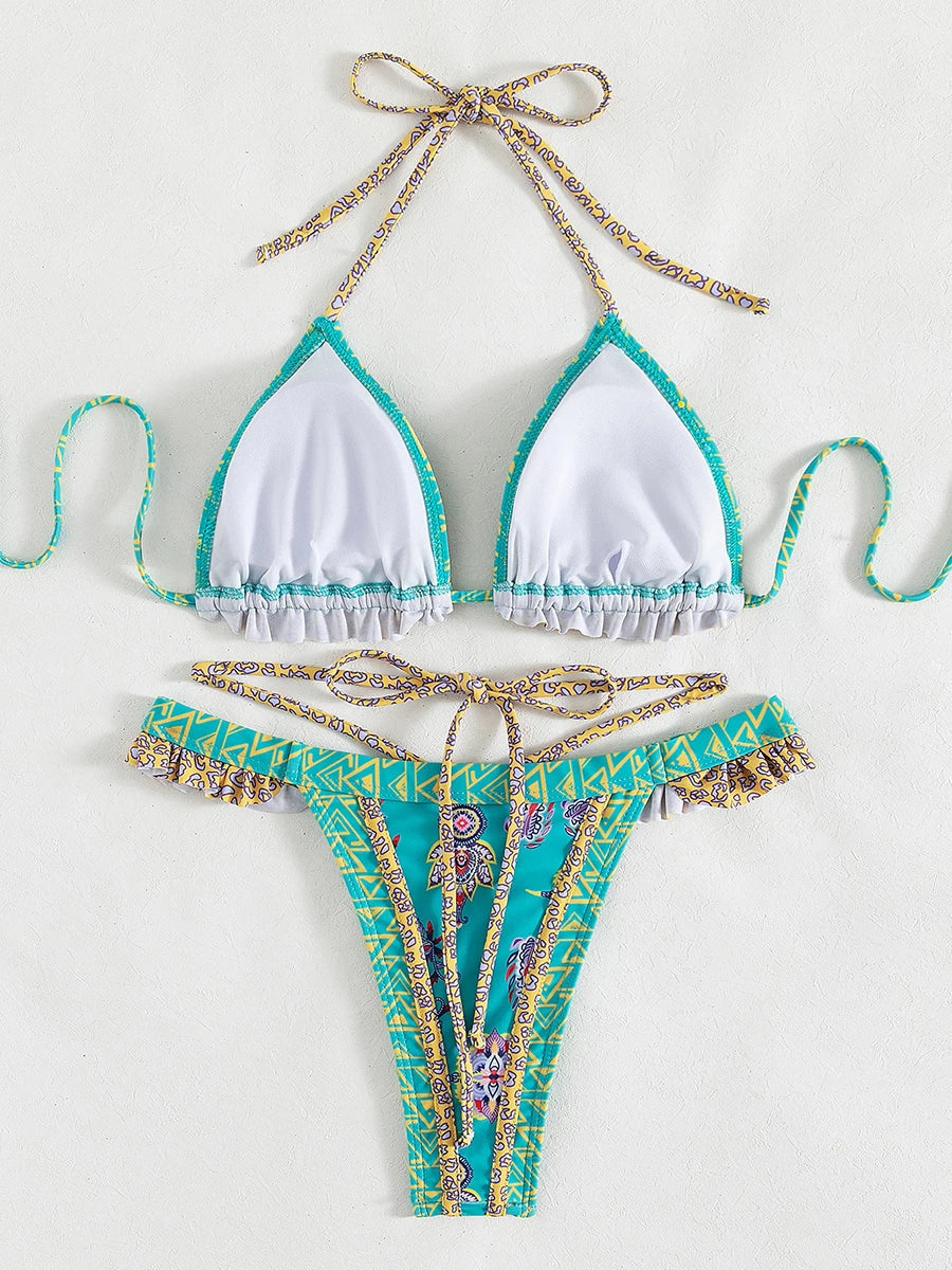 Floral Print Halter Ruffle Frilled Bikini Women Thong Swimwear Female Swimsuit Two-pieces Bikini Set Bathing Suit Swim Beachwear