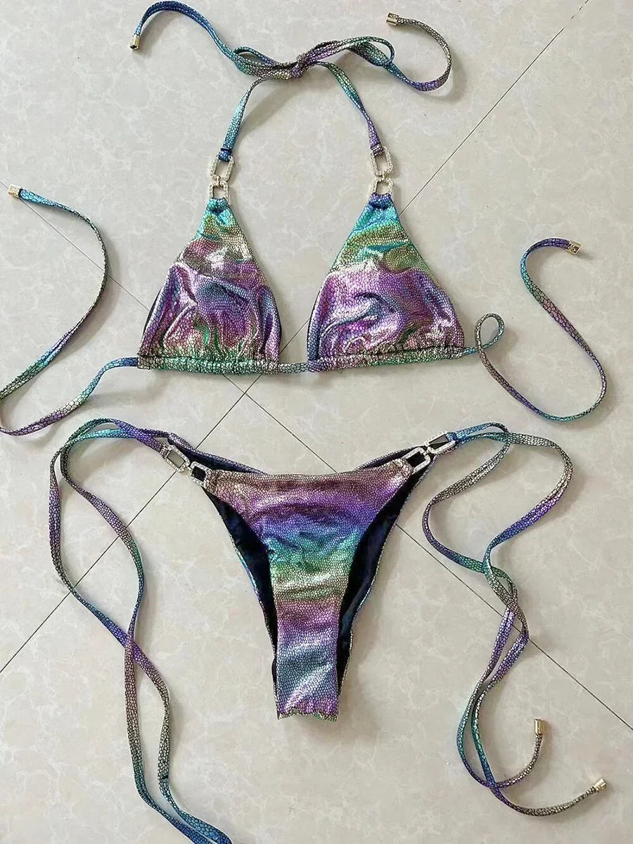 2025 Shiny Halter Rhinestone Diamond Bikini Female Swimsuit Women Swimwear Two-pieces Bikini Set Micro Strappy Bathing Suit Swim