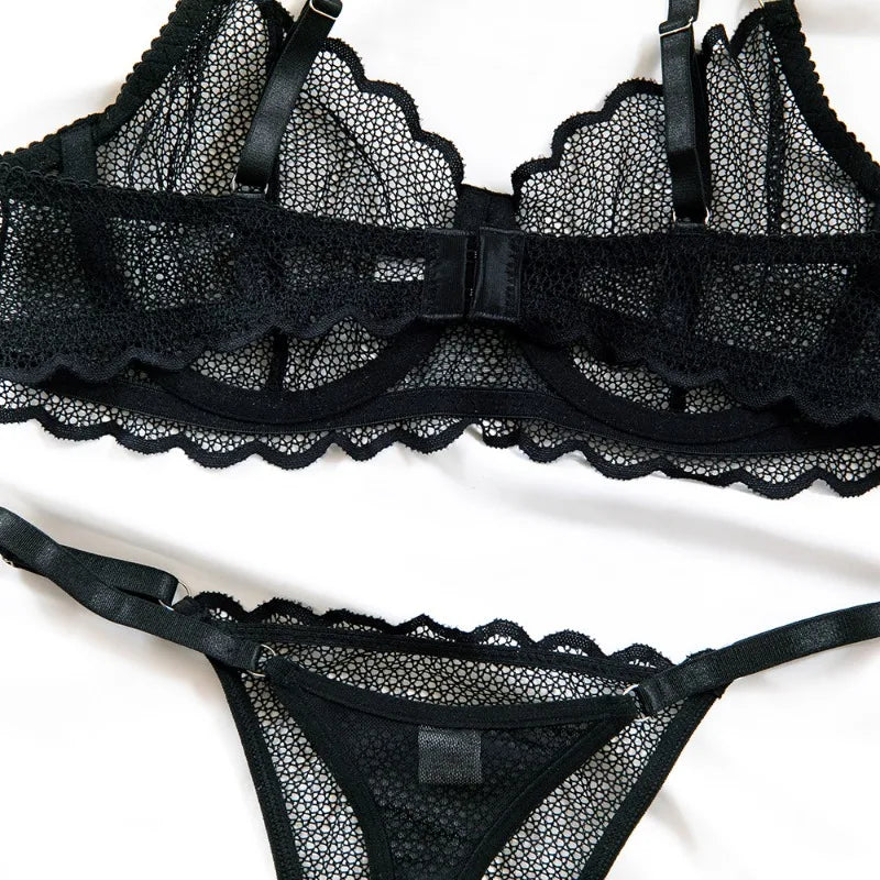 Toucheart Sexy Lingerie Suit for Women Lace Mesh Ultra-thin Underwear Comfortable Bra Set with Steel Rings Hollow Out Underwear