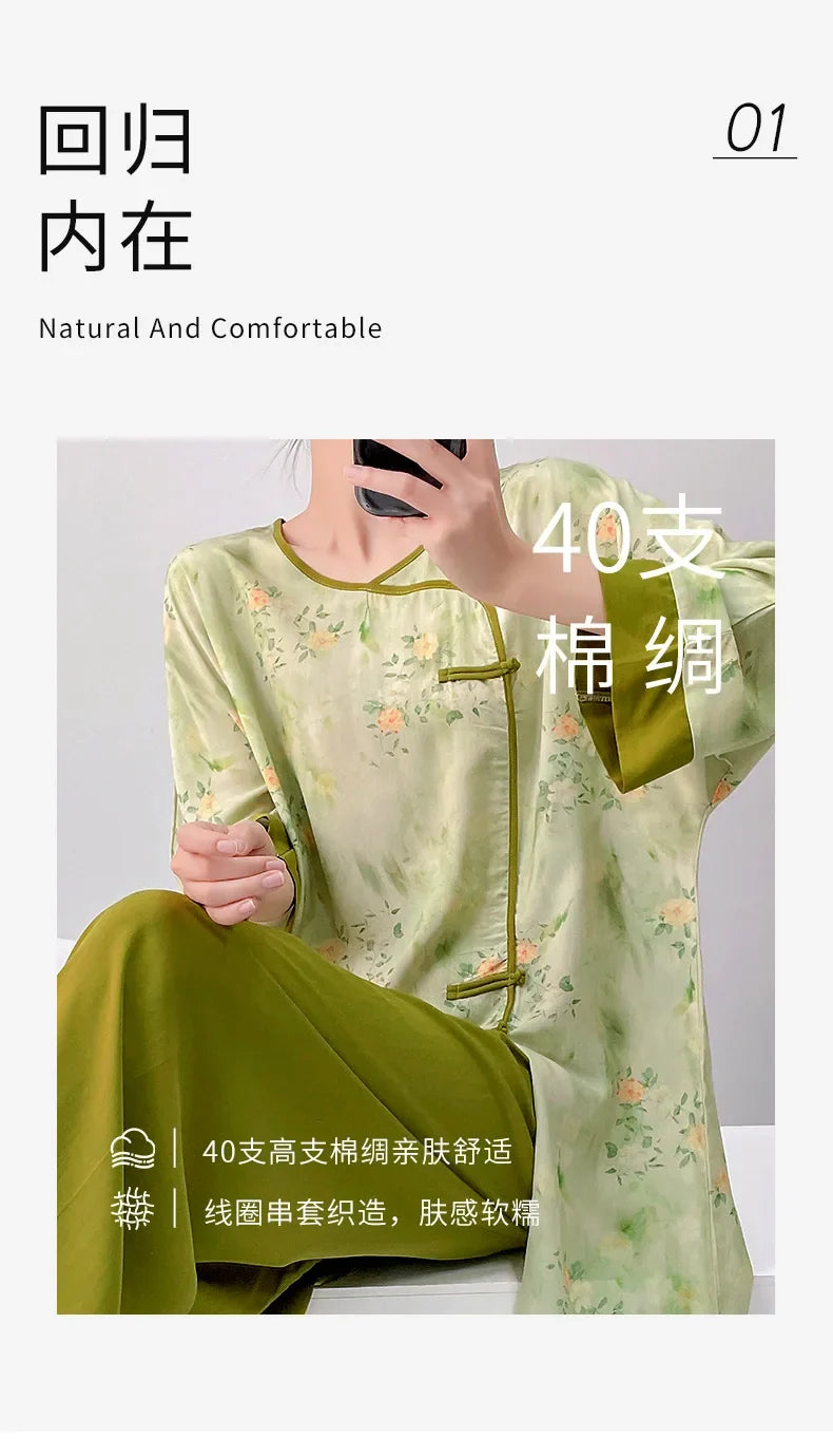 Plus size mother's cotton silk pajamas spring and summer new Chinese style can be worn outside home clothes Mother's Day gift