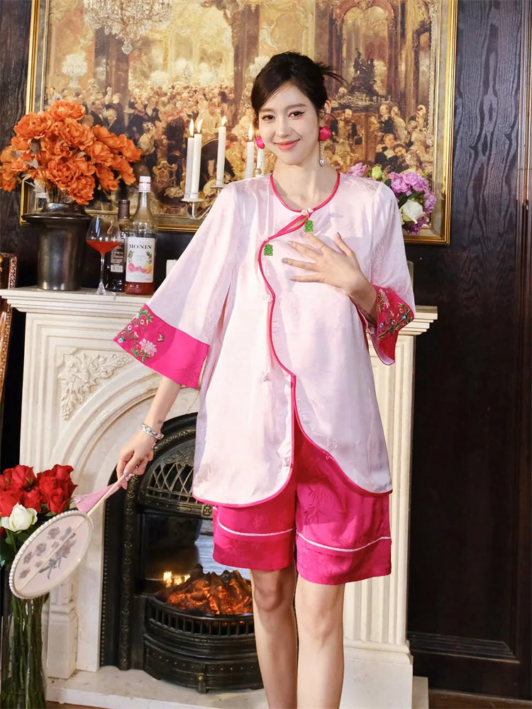 New Chinese style pajamas with breast pads, simulated silk, ice silk home wear, satin jacquard pajamas set