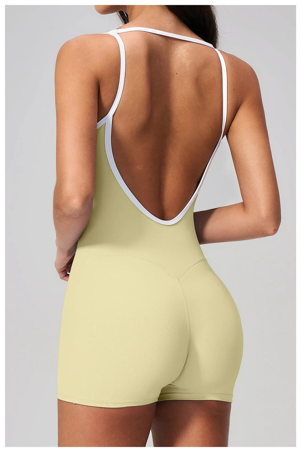 Tight Fitting One-piece Yoga Suit Women Color Bloack Square Collar Hollow Out Backless Butt-Lifting Gym Sports Short Jumpsuit