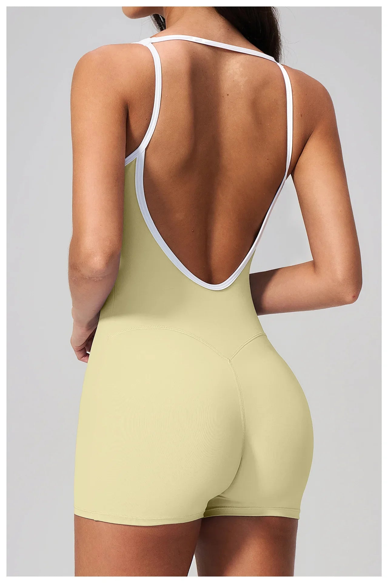 Tight Fitting One-piece Yoga Suit Women Color Bloack Square Collar Hollow Out Backless Butt-Lifting Gym Sports Short Jumpsuit