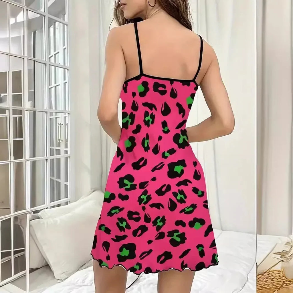 Summer Sexy Nightdress Women Loungewear Leopard Print Nightgown with Spaghetti Strap Slip Dress Breathable Comfy Sleepwear