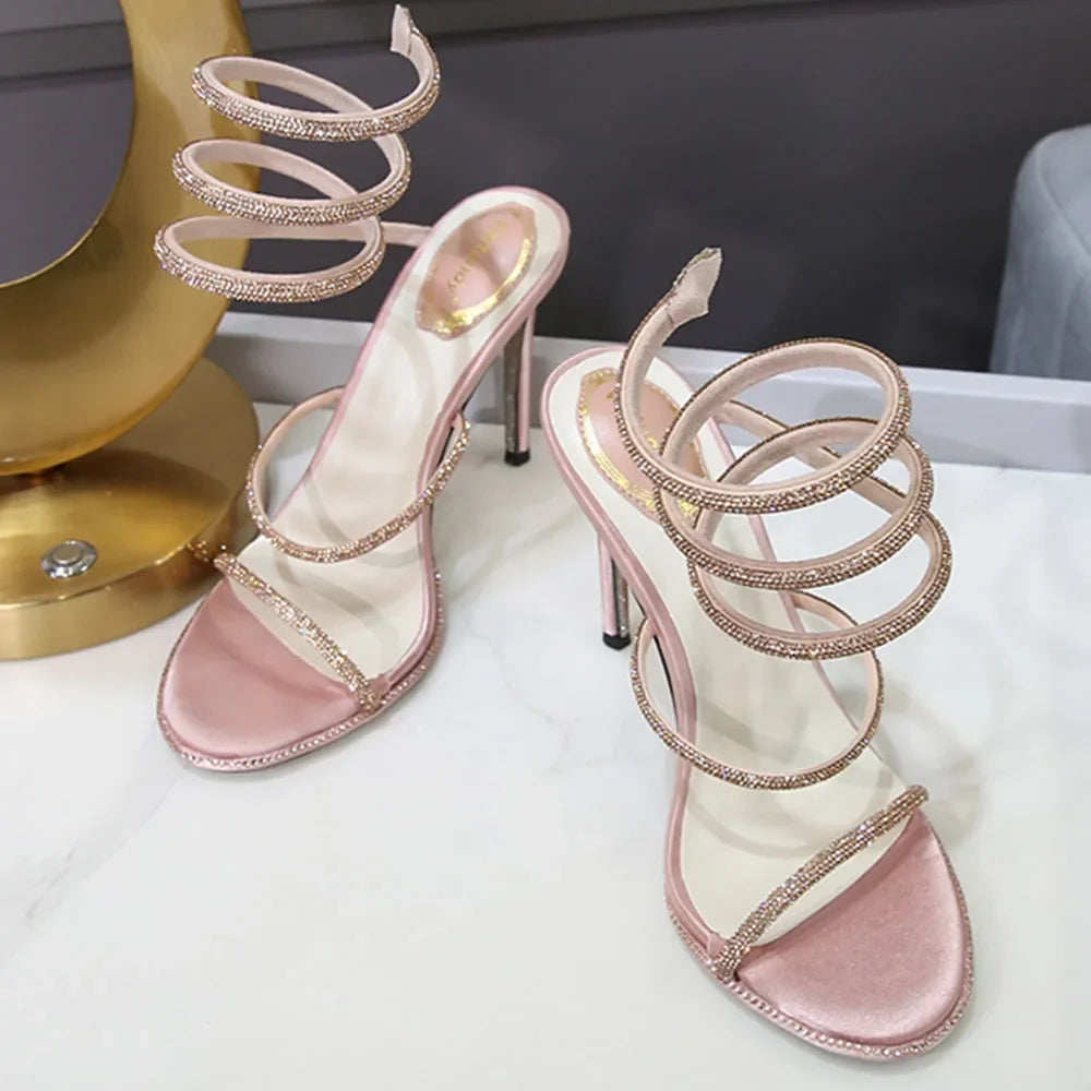 2026 Brand New Summer Sexy 10cm High Stiletto Heels Sandals for Women Wedding Rhinestones Ankle Wrap Party Shoes Big Size 42
