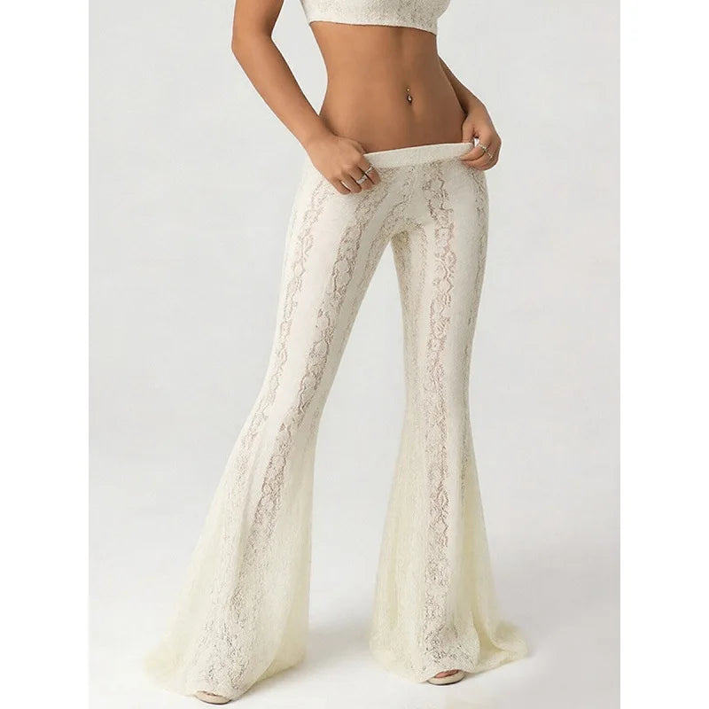 2026 spring and summer slim fit hip-hugging low-waist lace bell-bottom casual pants