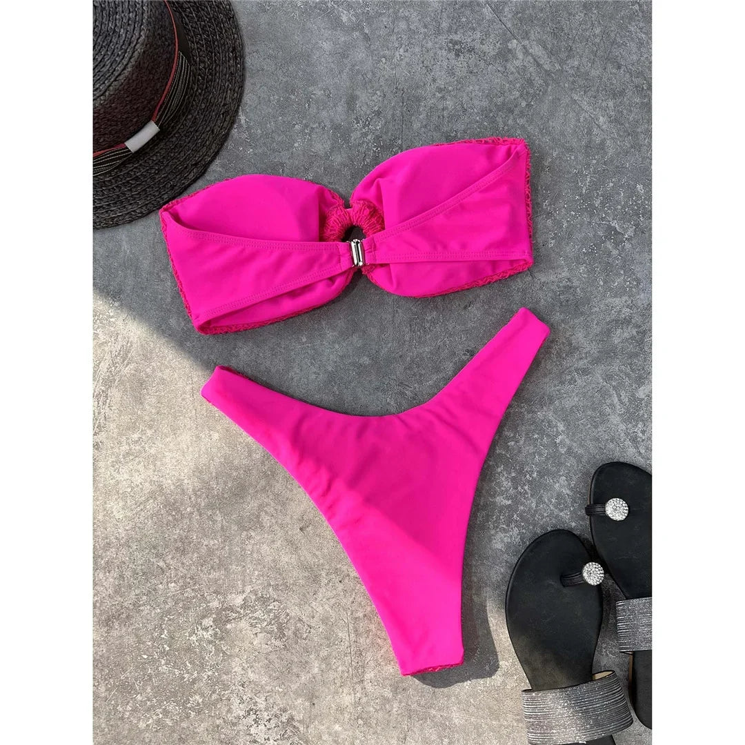 Wrinkled Bandeau High Cut Bikini Women Swimwear Female Swimsuit Two-Pieces Bikini Set Strapless Bather Bathing Suit Swim V3367