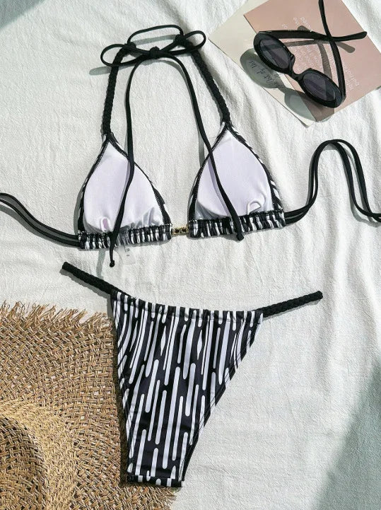 zebra striped micro bikinis sets two pieces halter drawstring swimsuit Brazilian summer bathing suit swimwear swimming suit