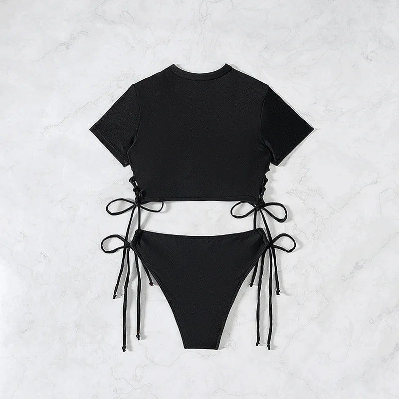 2026 New 2 Piece Swimsuit for Women Solid Color Sexy Drawstring Short Sleeve Bikini Set Beach Vacation Bathing Suit Swimwear