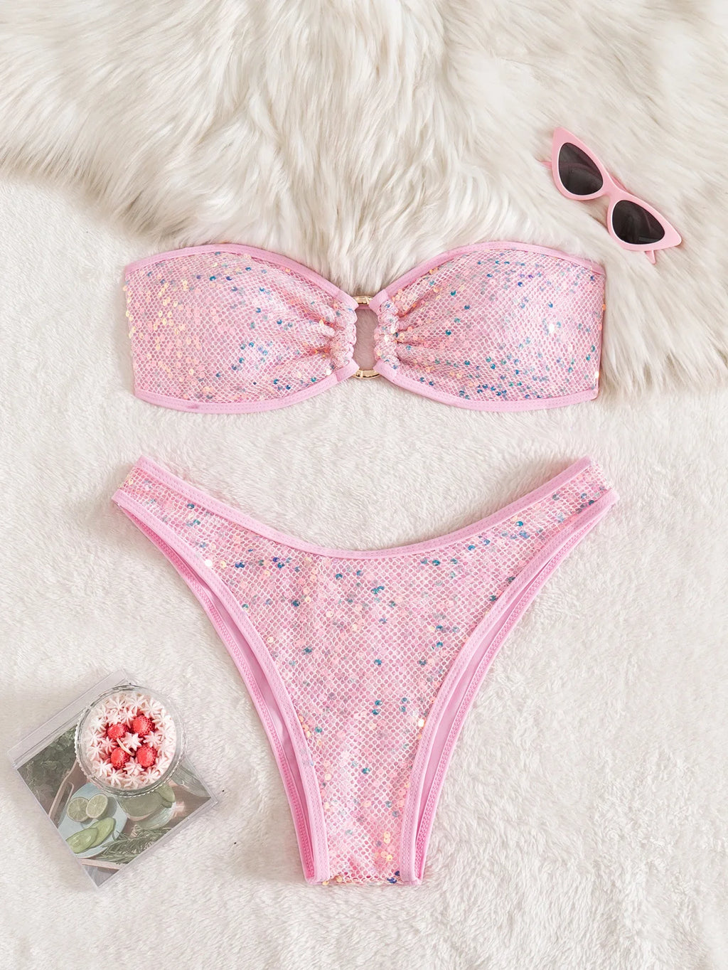 Sexy Bandeau Bikini 2026 Women Shiny Sequin Front Ring Push Up Micro Swimsuit Summer Pink Bathing Suit Thong Swimwear Biquini