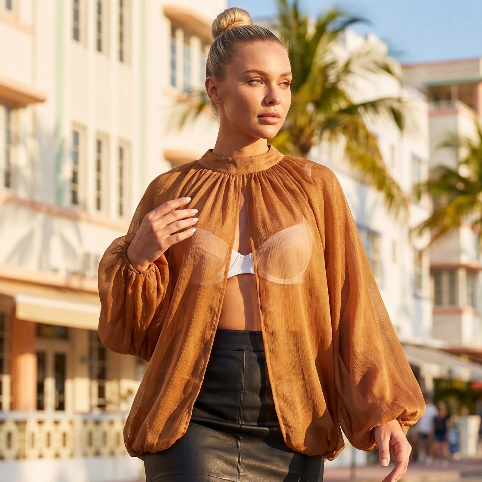 Women's Spring Summer Solid Color Sheer Blouse Glitter Long Sleeve Mock Neck Open Front Tops Streetwear