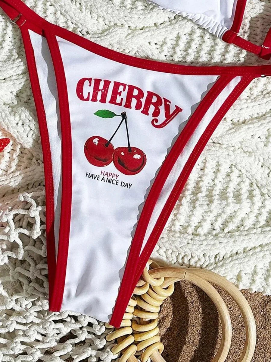 Cherry Print Mesh Short Sleeve Mini Bikini Female Swimsuit Women Swimwear Three-pieces Bikini Set Bathing Suit Swim Beachwear