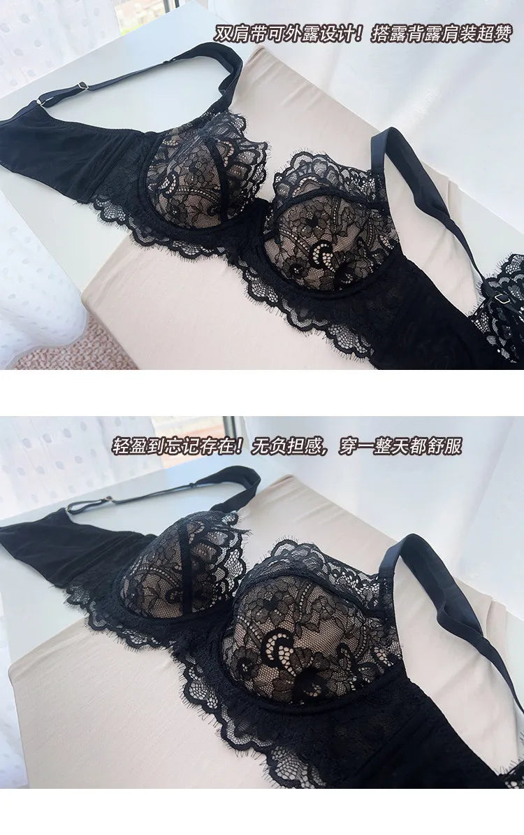 French Lace Bra Set Women Sexy Deep V Push Up Big Bust Minimizer Anti Sagging Support Wireless Comfort Summer Ultra Thin Cotton