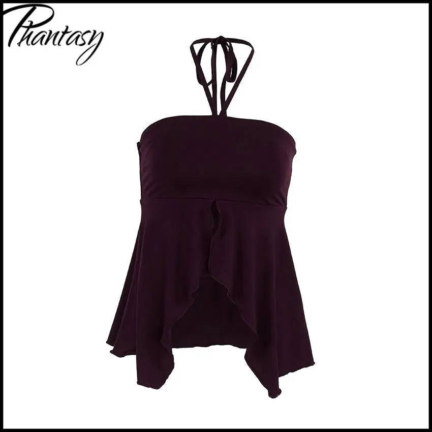 Phantasy Fashion Halter Crop top Fashion Brown Tank Top Women Sexy Split Camisole Lady Night Out Streetwear 2026 Summer Clothing
