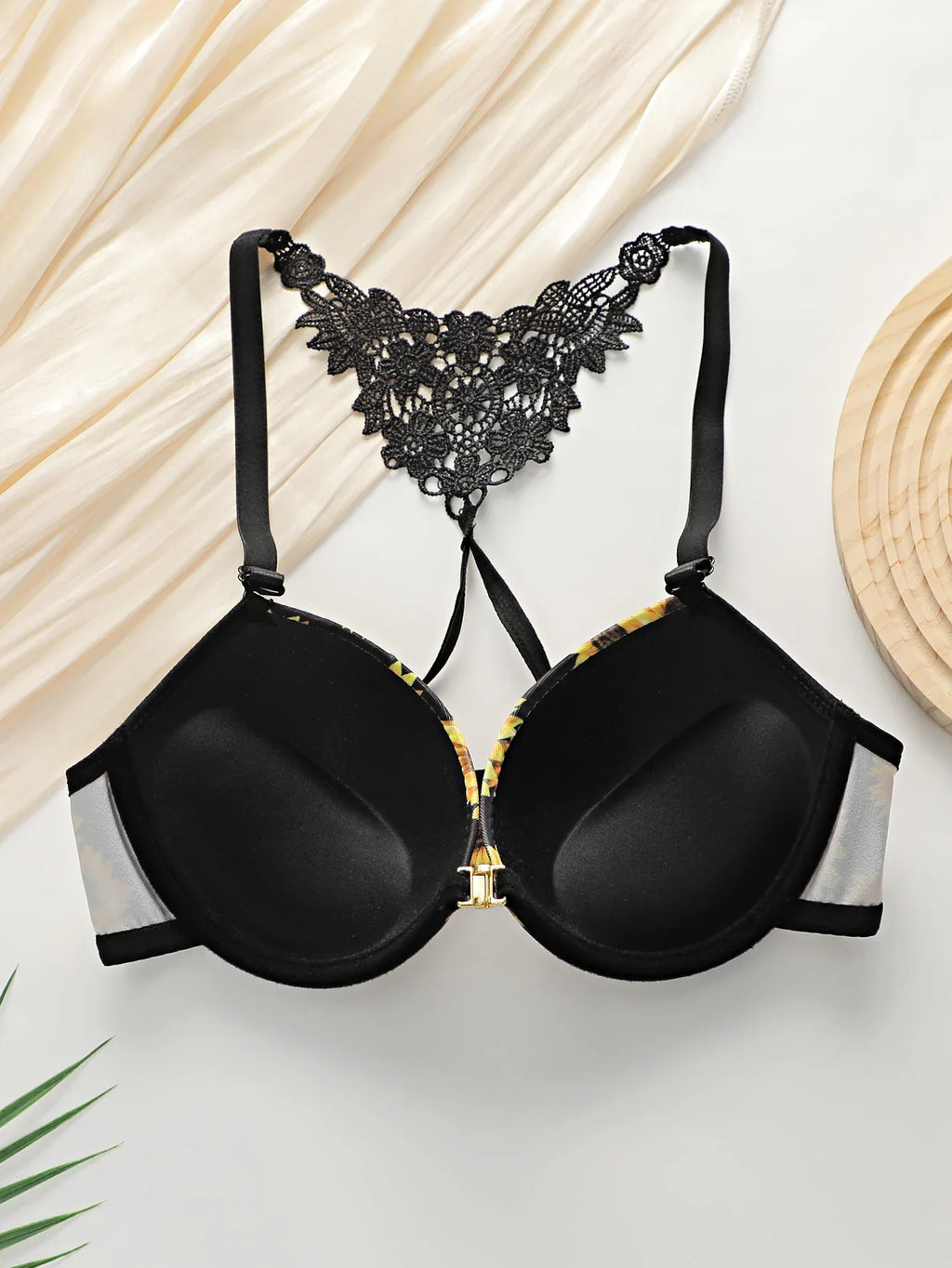 Women's sexy lingerie set with front buckle chrysanthemum pattern and steel ring gathering push up underwear set A3116