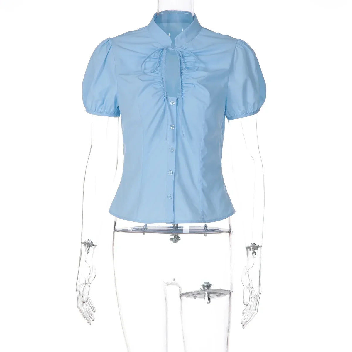 FDYOUI Fashion Stand Collar Lace-up Hollow Out T-shirts Women Chic Short Sleeve Single Breasted Crop Top Folds Solid Tee Shirt