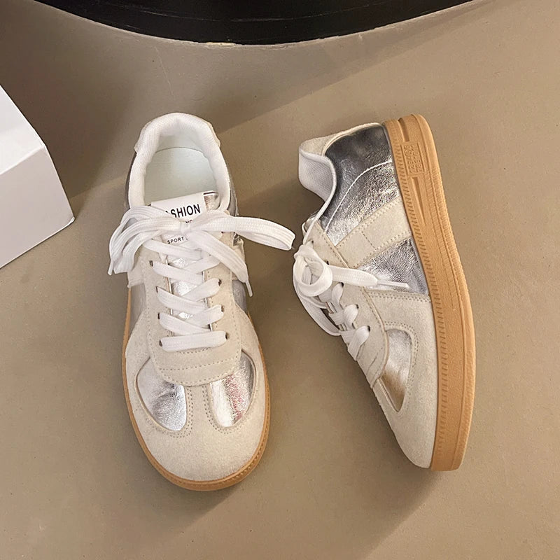 Silver Patchwork Platform Sneakers Women Thick Bottom Lace Up German Training Shoes Woman Spring Autumn Korean Non Slip Flats