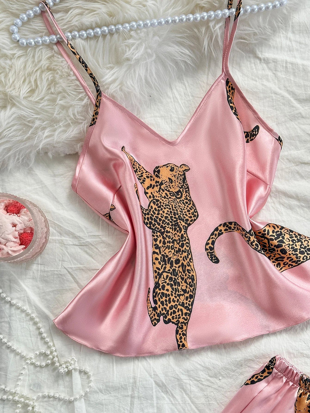 Comfortable Fashionable 2pcs V Neck Leopard Print Suspender Long Pants Pajama Set