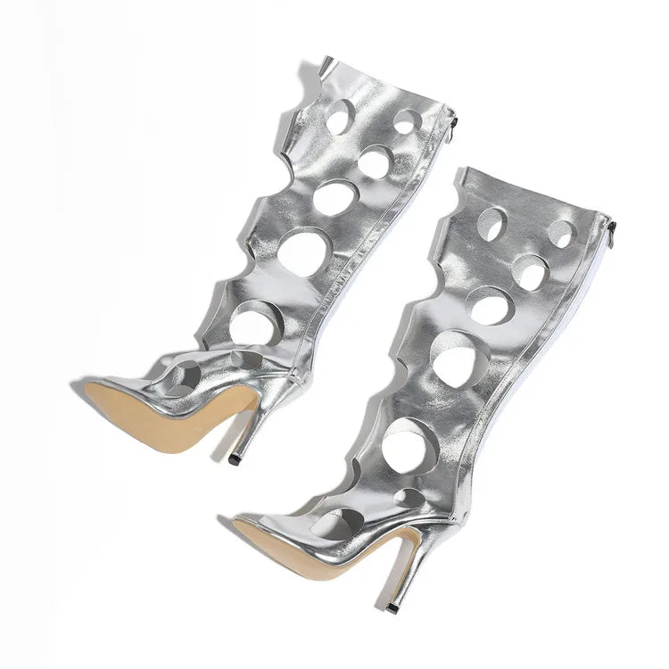 Big Size 43 Sexy Black Hollow Out Summer Boots Women White Thin High Heels Knee High Boots Stiletto Zip-up Peep Toe Party Shoes