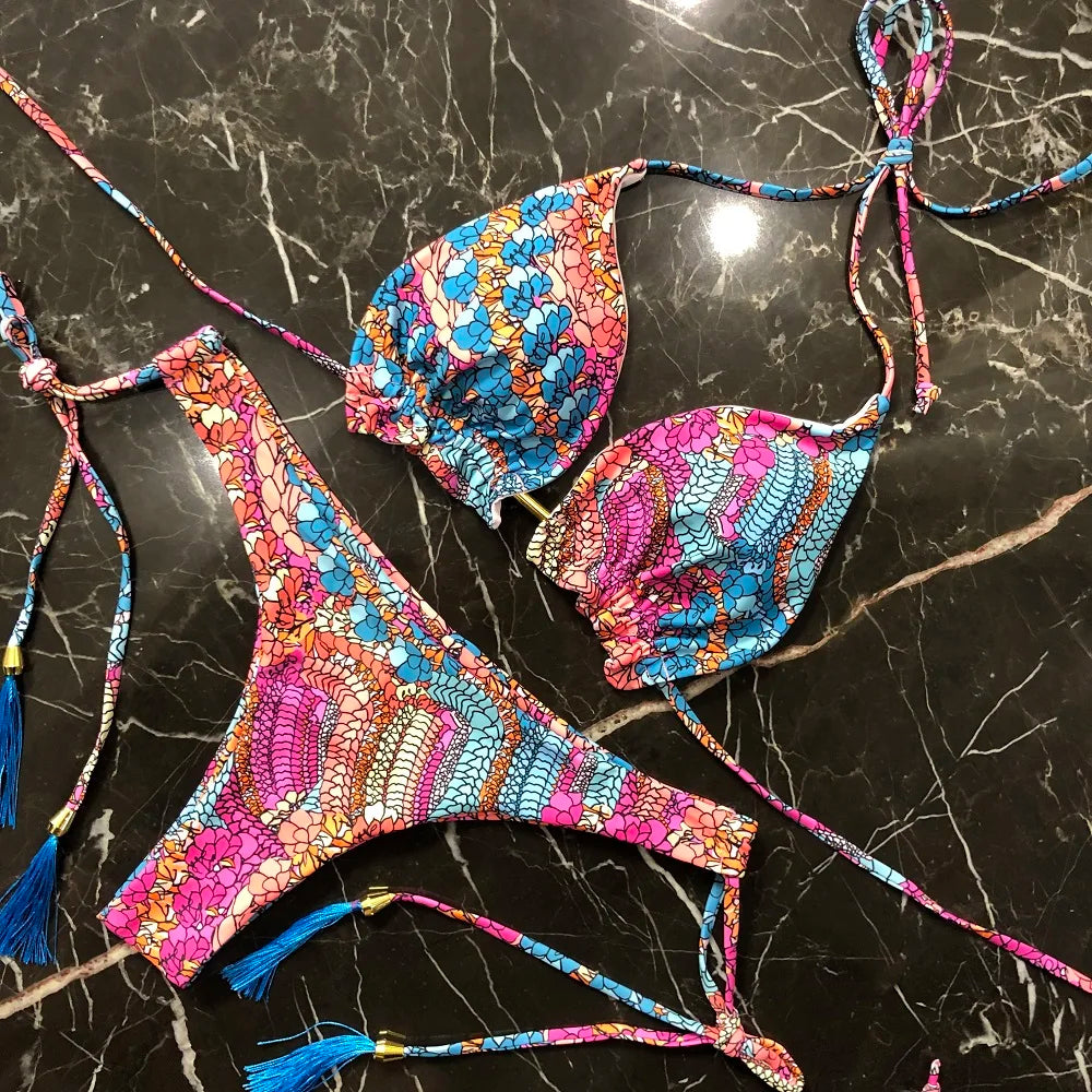 Sexy Bikini Floral Print Swimwear String Bikini Set Push Up Swimsuit Bikinis Women Biquini Beach Bathing Suit Women