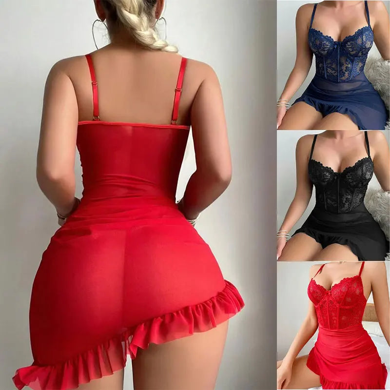 Sexy Transparent Lace Patchwork Pajamas +Thongs Camisola Lingerie Nighty Underwire Bra Set Women's Nightgowns Sexy Nightwear