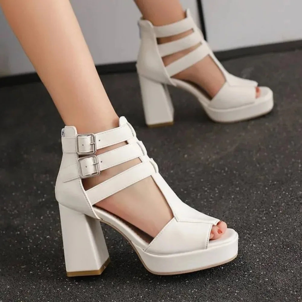 Summer New Style Fashion High-heeled Exposed Toes Women's Sandals Sexy Party Zipper Square Heel Women's Sandals Size 34-50