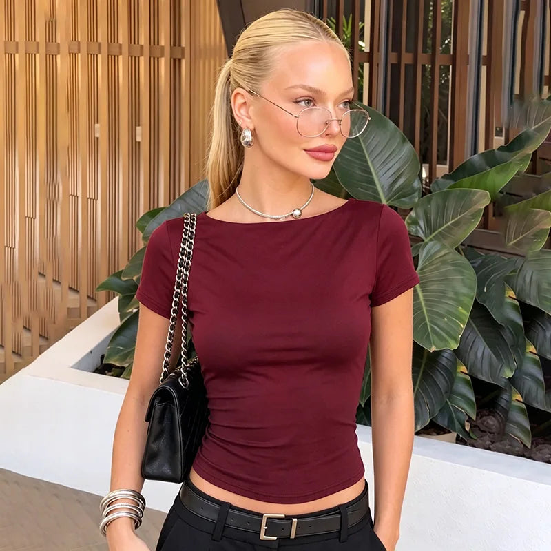 FDYOUI Fashion Casual Backless Lace-up T-shirts Women's Summer O-neck Short Sleeve Cropped Tops Streetwear Y2K Solid Tee Shirt