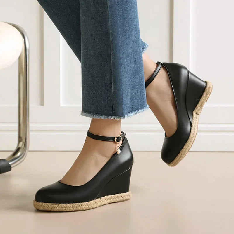Concise Classic Women Ankle Strap Pumps 2026 Autumn Spring Shoes Wedge High Heels Beads Silver White Plus Size Daily 43