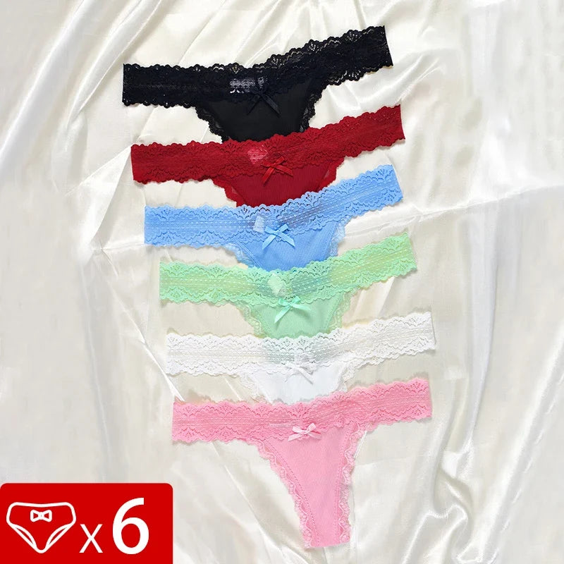 6pcs/Set Perspective Floral Panties Women Lace Thongs Low Waist Comfortable Solid Ladies G-string Bow Female Sexy Underwear