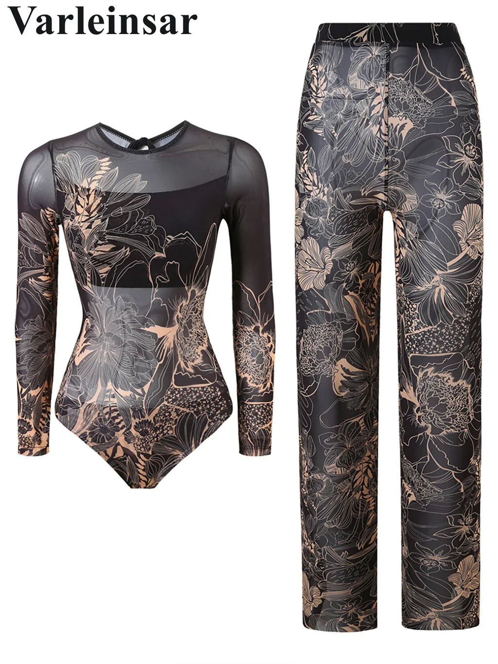 S - XXL New Printed Long Sleeve With Pants Women Swimwear One Piece Swimsuit Female Floral Padded Bather Bathing Suit Swim V7176