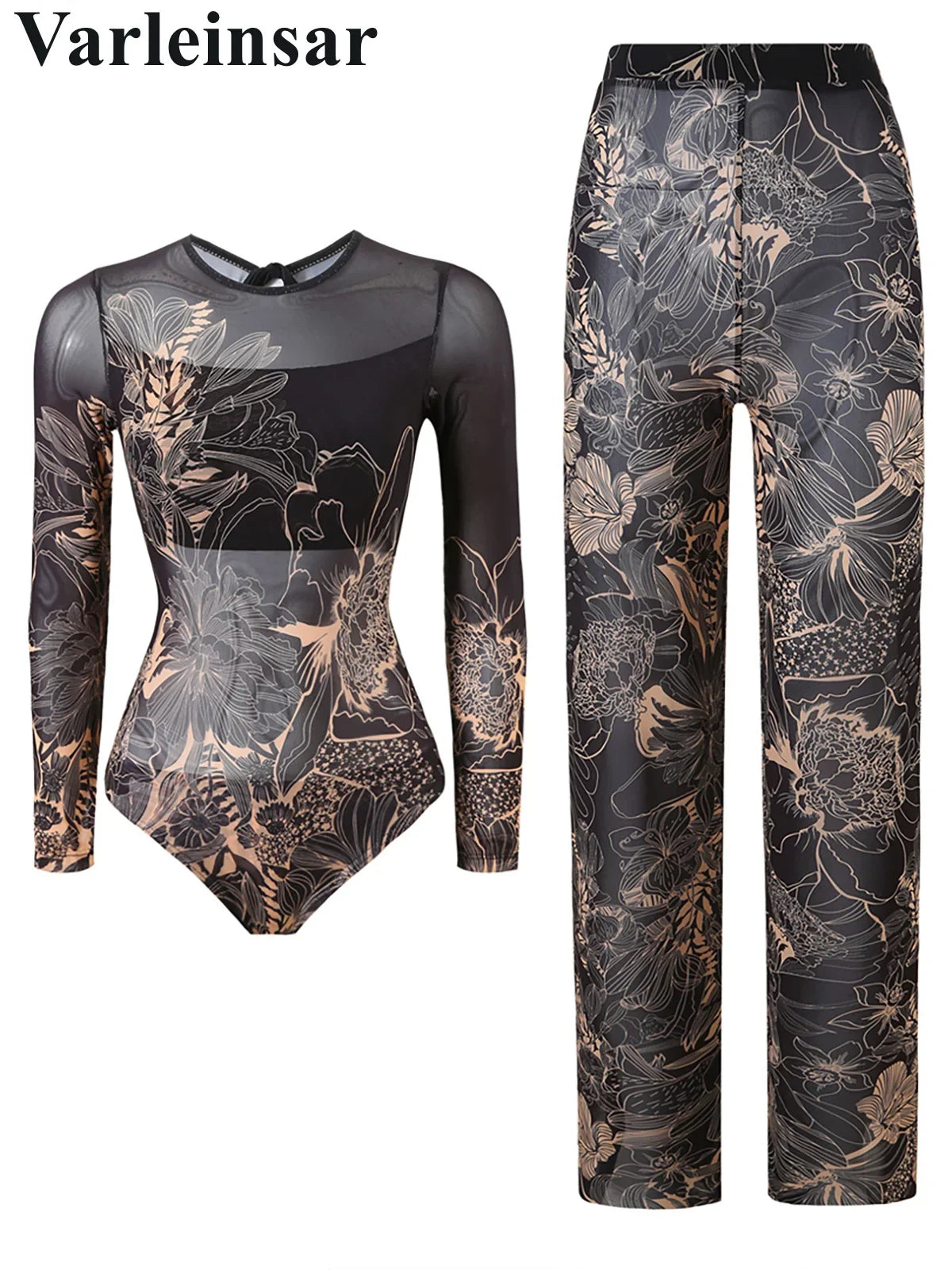 S - XXL New Printed Long Sleeve With Pants Women Swimwear One Piece Swimsuit Female Floral Padded Bather Bathing Suit Swim V7176