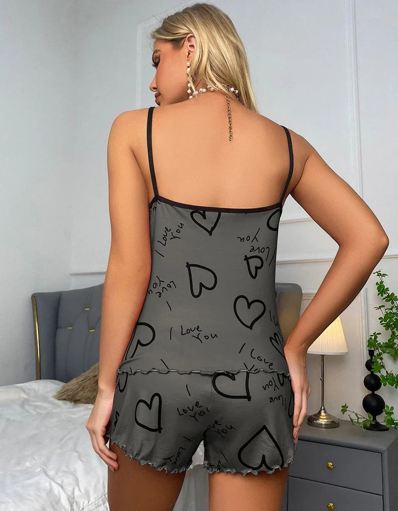 Sexy Summer Women Pajamas Set  Heart Print Sleepwear Cotton Home Clothes Tops And Shorts Cute Soft Sleeveless Nightwear XXXL