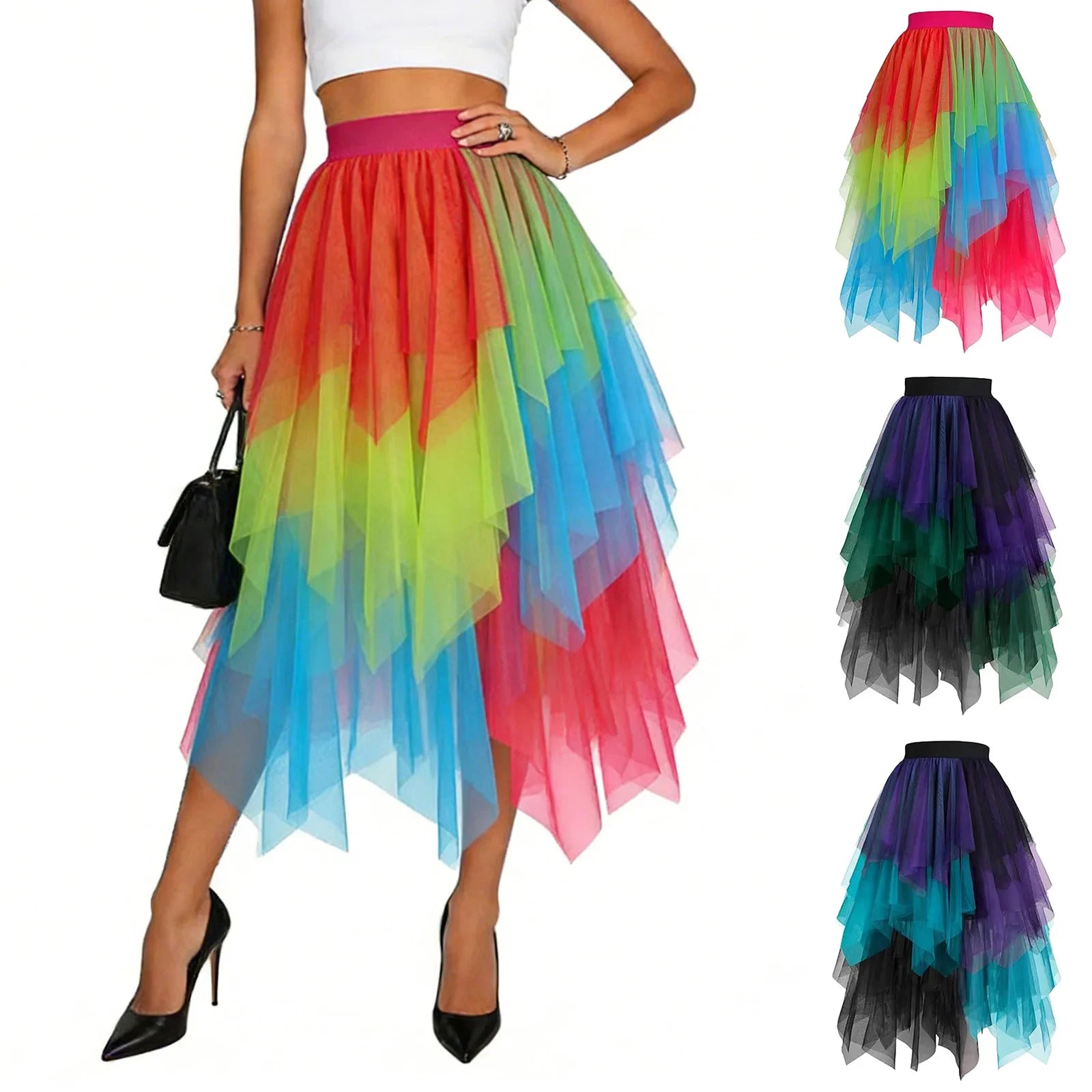 Women's Layered Rainbow Tulle Skirt Dance Tulle Tutu Skirt For Clubwear Carnival Party Skirts Fairy Asymmetrical Layered Faldas