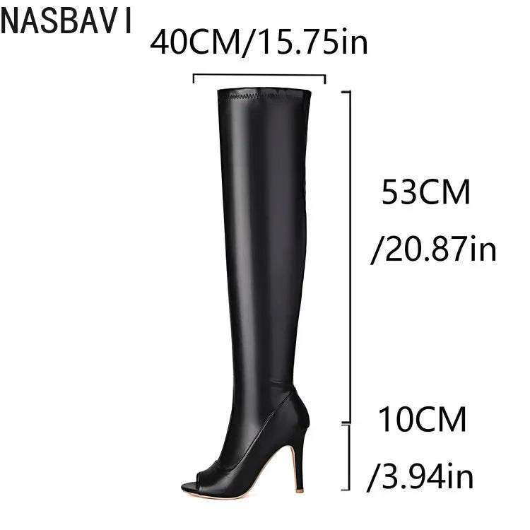 NASBAVI Super High Slim Heel Peep Toe Hollowed Boots Zipper Elastic Boots Leopard Print Flock Material Over The Knee Boots 35-48