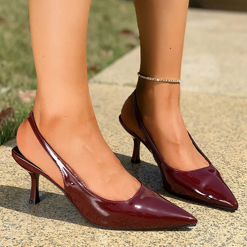 Sexy Leopard Print High Heel Mules Sandals Women Summer Patent Leather Pointed Toe Slingbacks Woman Plus Size 42 Slip On Sandals