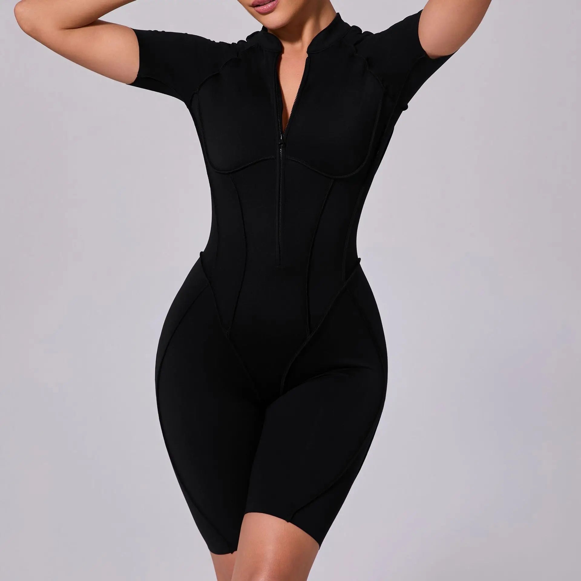 Summer Zipper Short Sleeve Yoga Jumpsuit Women Outerwear Sports Fitness Hip-lifting Backless One-piece Workout Gym Tracksutis