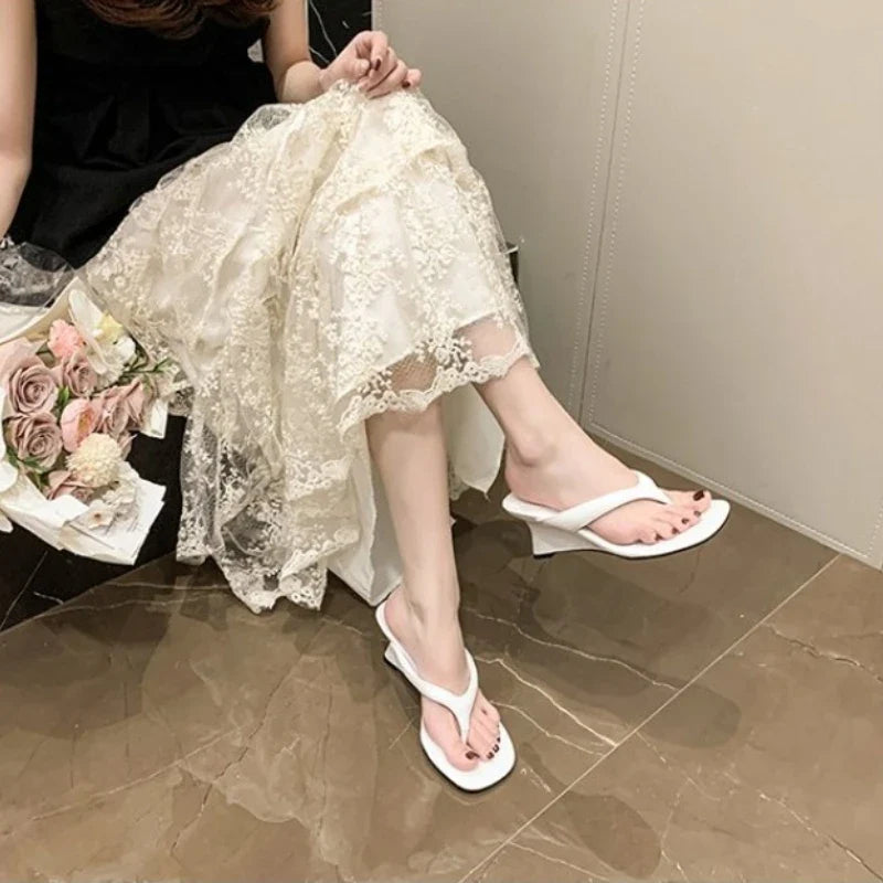Summer Outdoor Fairy oes Simple Toe Clip High Heels Sandals Women's Flip Flops Korean Sle PU  Rubber Sole